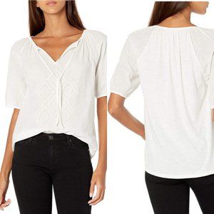 Lucky Brand Short Sleeve V Neck Embroidered Peasant Top, White, M